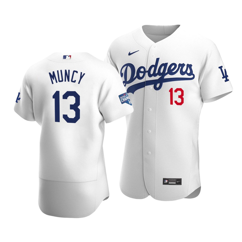 Men's Los Angeles Dodgers #13 Max Muncy 2020 White World Series Champions Patch Flex Base Sttiched Jersey